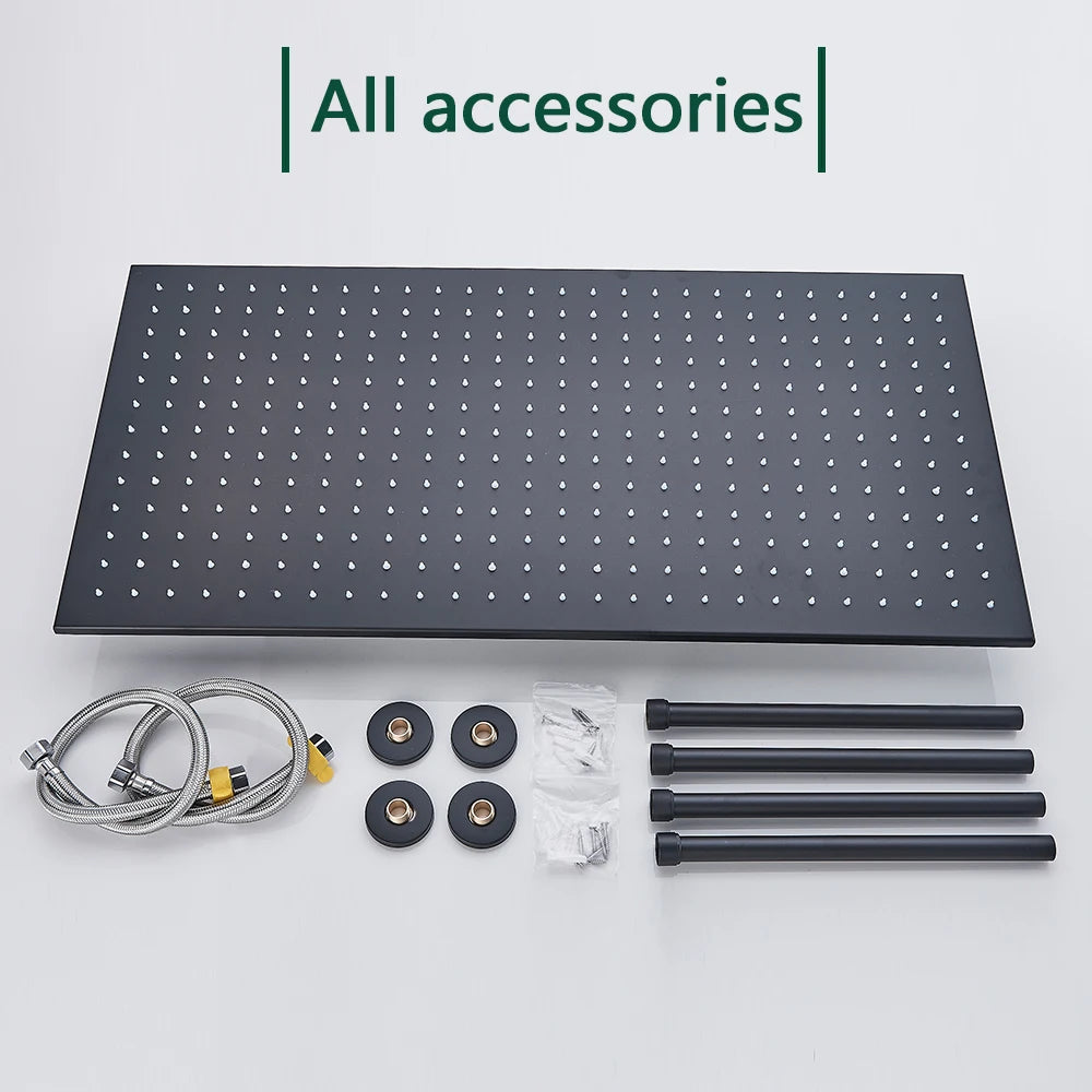 LED Matte Black Shower Head 40*80Cm Large Size Rainfall Shower Heads Ceiling Mounted with Installation Arm for Bathroom