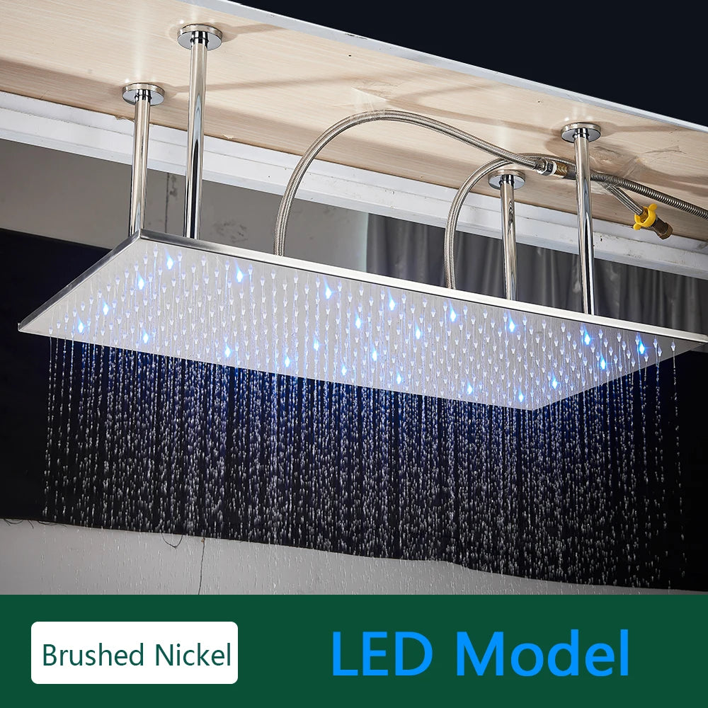 LED Matte Black Shower Head 40*80Cm Large Size Rainfall Shower Heads Ceiling Mounted with Installation Arm for Bathroom