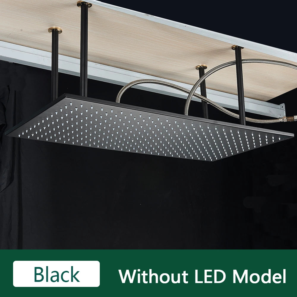 LED Matte Black Shower Head 40*80Cm Large Size Rainfall Shower Heads Ceiling Mounted with Installation Arm for Bathroom