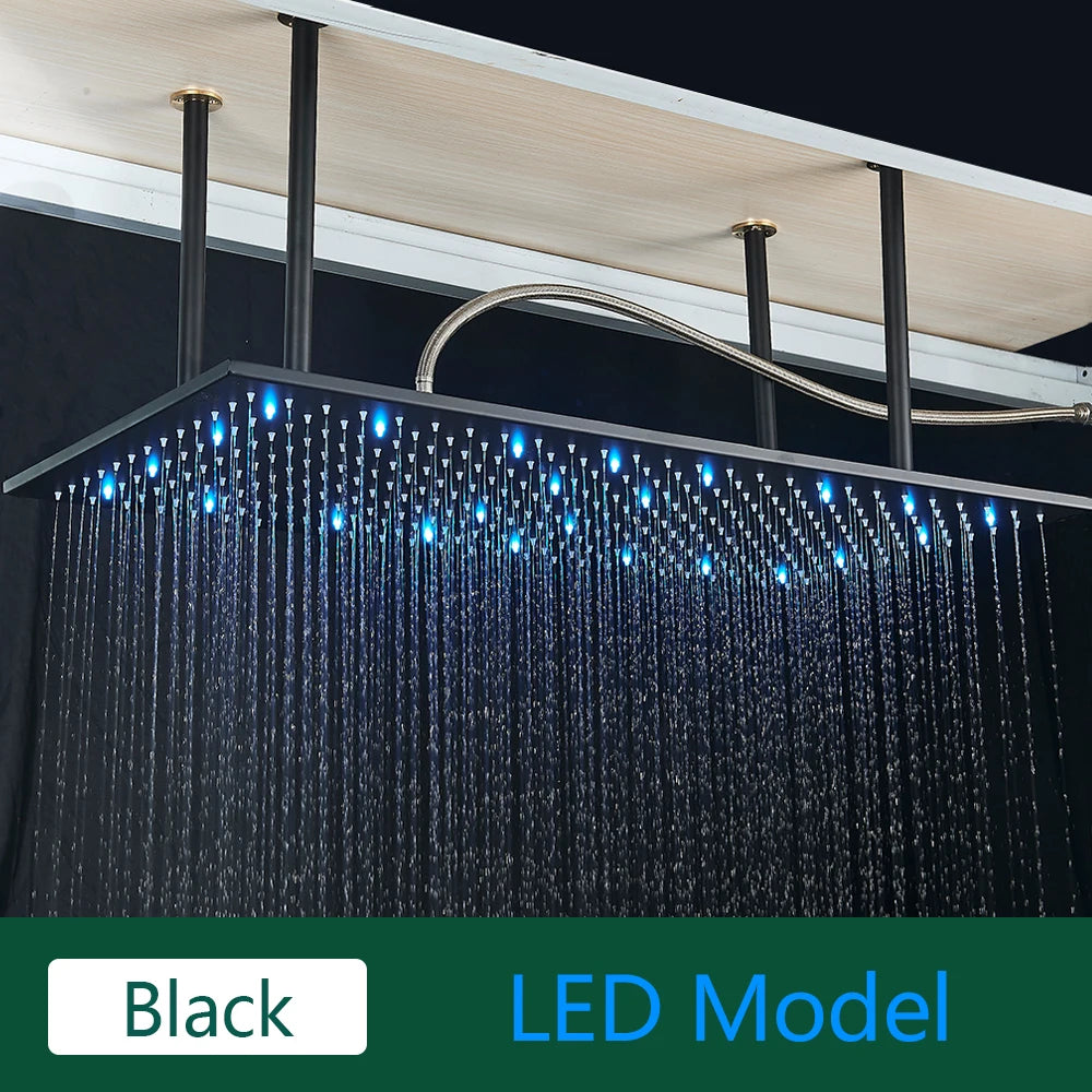 LED Matte Black Shower Head 40*80Cm Large Size Rainfall Shower Heads Ceiling Mounted with Installation Arm for Bathroom