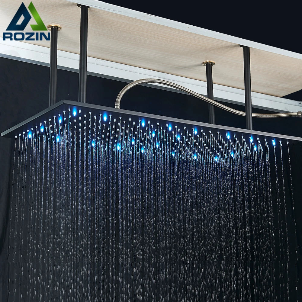 LED Matte Black Shower Head 40*80Cm Large Size Rainfall Shower Heads Ceiling Mounted with Installation Arm for Bathroom