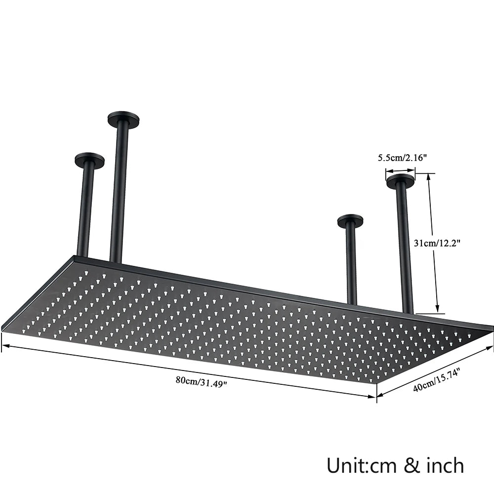 LED Matte Black Shower Head 40*80Cm Large Size Rainfall Shower Heads Ceiling Mounted with Installation Arm for Bathroom