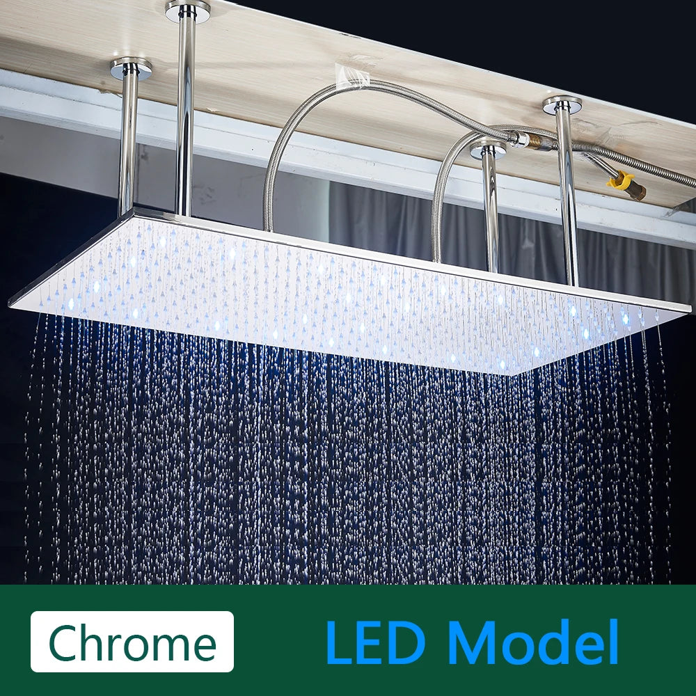LED Matte Black Shower Head 40*80Cm Large Size Rainfall Shower Heads Ceiling Mounted with Installation Arm for Bathroom