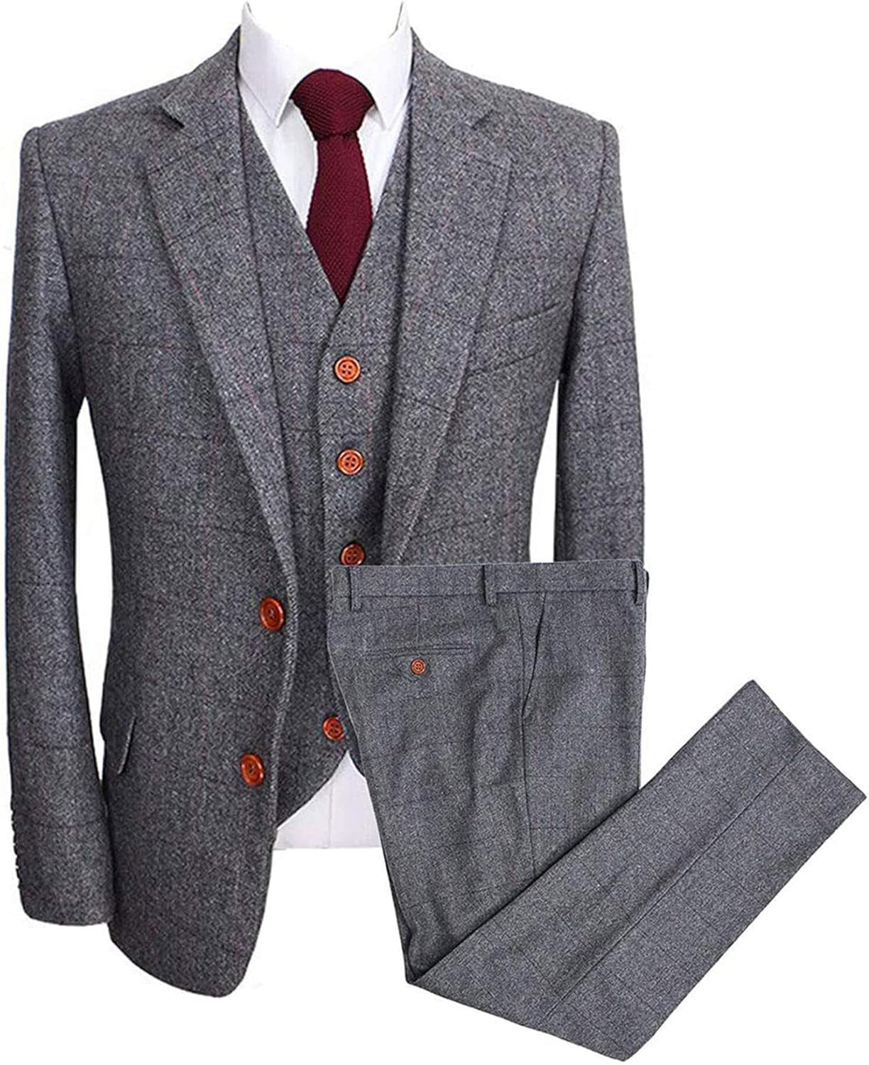 Vintage Men'S 3 Pieces Suit Herringbone Tweed Checkered Blazer Vest Pants (Gray, 44L)