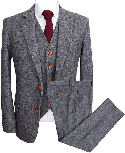 Vintage Men'S 3 Pieces Suit Herringbone Tweed Checkered Blazer Vest Pants (Gray, 44L)