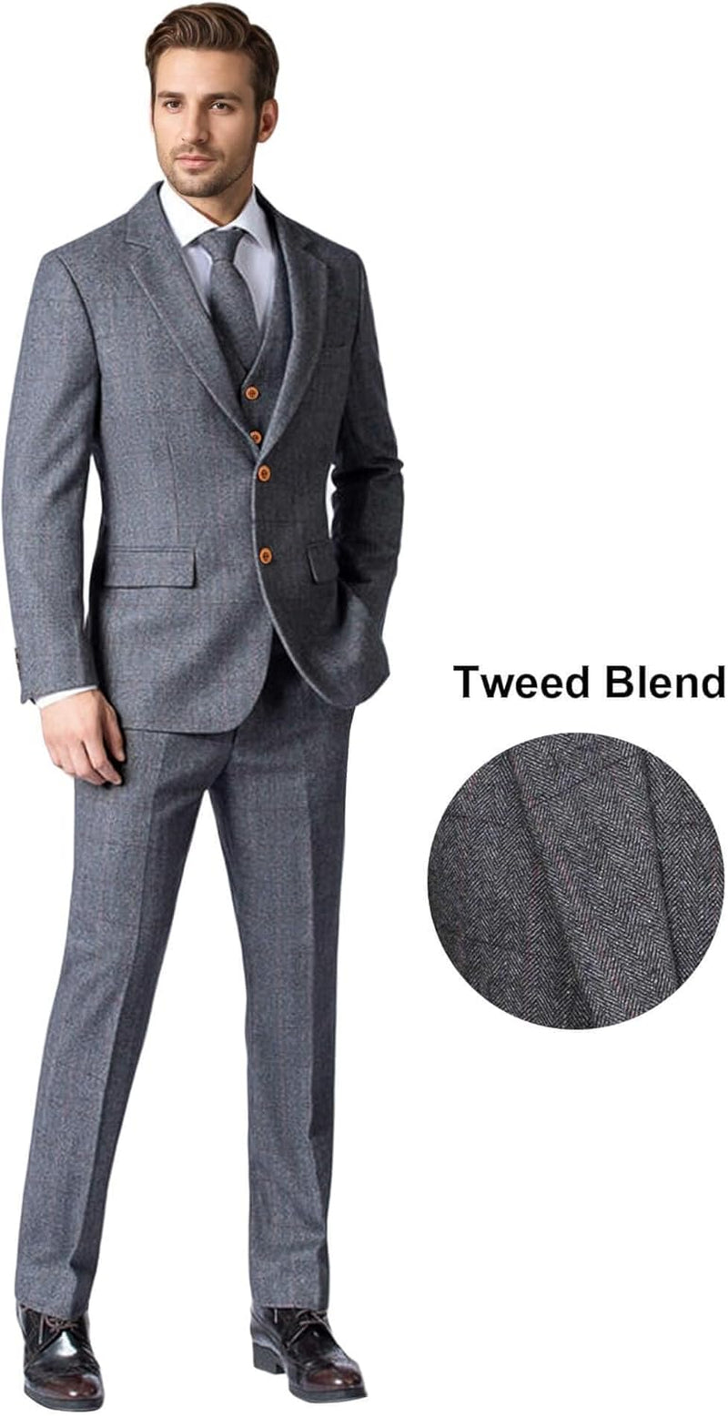 Vintage Men'S 3 Pieces Suit Herringbone Tweed Checkered Blazer Vest Pants (Gray, 44L)