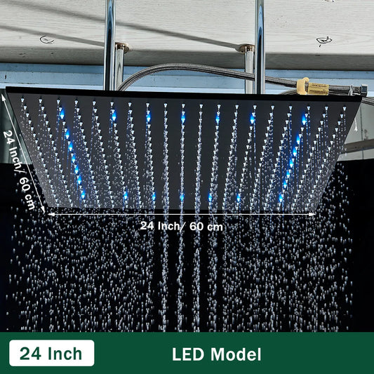 LED Matte Black Shower Head 40*80Cm Large Size Rainfall Shower Heads Ceiling Mounted with Installation Arm for Bathroom