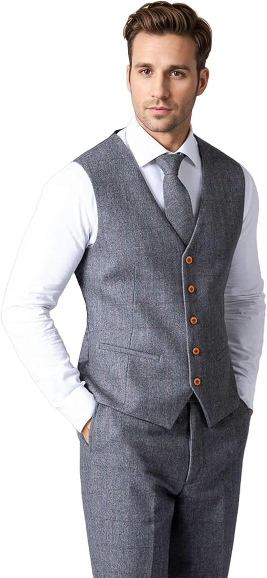 Vintage Men'S 3 Pieces Suit Herringbone Tweed Checkered Blazer Vest Pants (Gray, 44L)