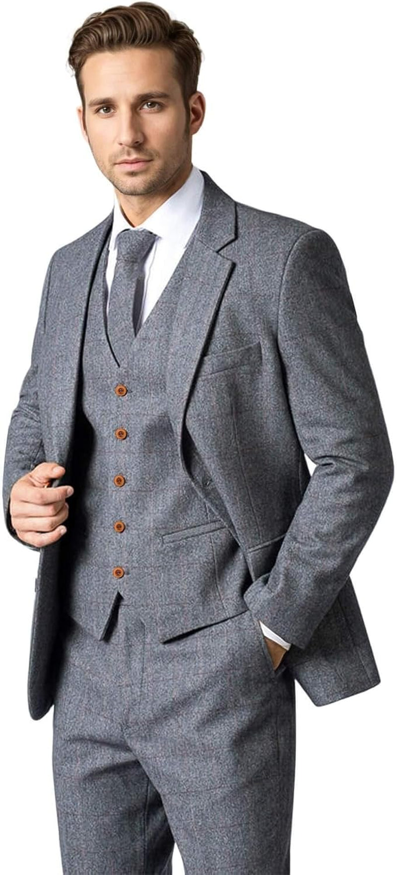 Vintage Men'S 3 Pieces Suit Herringbone Tweed Checkered Blazer Vest Pants (Gray, 44L)